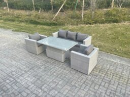 Rackhams Rattan Garden Funiture Set Height Adjustable Rising Lifting Table Sofa Dining Set With 2 Arm Chair - thumbnail 2