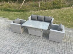 Rackhams Rattan Garden Funiture Set Height Adjustable Rising Lifting Table Sofa Dining Set With 2 Arm Chair - thumbnail 1