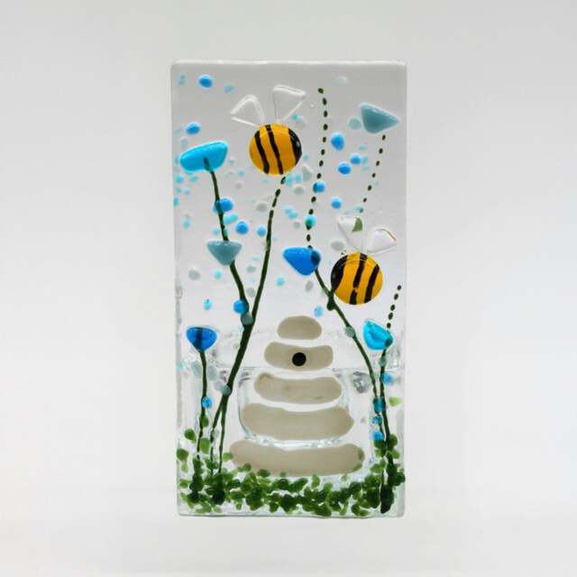 Rackhams Handmade Fused Glass - Tea Light Holder - Bumble Bee - Forget Me Not