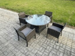 Rackhams Wicker PE Outdoor Rattan Garden Furniture Arm Chair And Table Dining Sets 4 Seater Medium Round Table Dark Grey Mixed - thumbnail 2