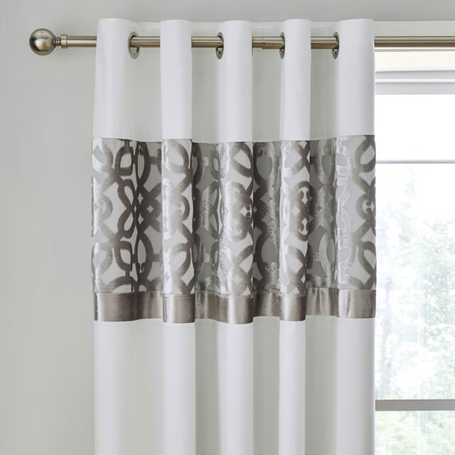 Rackhams Lattice Cut Velvet Lined Eyelet Curtains - 66x72 Inch - Natural - image 1