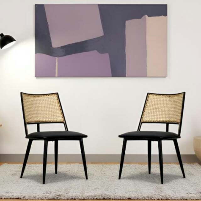 Rackhams Dining Chairs Set of 2, Mid-Century Kitchen Chair-Rattan Backrest and Metal Frame, Upholstered Dining Chair with Living Room, Bedroom - Black - image 1