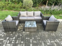 Rackhams Outdoor Lounge Sofa Set Wicker PE Rattan Garden Furniture Set with Armchair Square Coffee Table Dark Grey Mixed - thumbnail 2