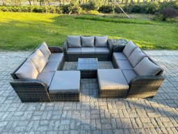 Rackhams 11 Seater Rattan Outdoor Furniture Set Patio Garden Sofa Set with Square Coffee Table 3 Seater Sofa 2 Big Footstool Side Table Dark Grey Mixed - thumbnail 1