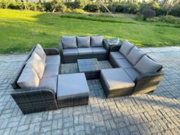 Rackhams 11 Seater Rattan Outdoor Furniture Set Patio Garden Sofa Set with Square Coffee Table 3 Seater Sofa 2 Big Footstool Side Table Dark Grey Mixed - thumbnail 2