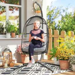 Rackhams Rattan Hanging Egg Chair with Stand, Cushion, Dark Grey - Dark Grey - Steel, PE Rattan, Polyester - 107L x 100W x 196H cm - thumbnail 1