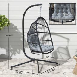 Rackhams Rattan Hanging Egg Chair with Stand, Cushion, Dark Grey - Dark Grey - Steel, PE Rattan, Polyester - 107L x 100W x 196H cm - thumbnail 6