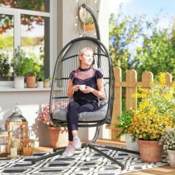 Rackhams Rattan Hanging Egg Chair with Stand, Cushion, Dark Grey