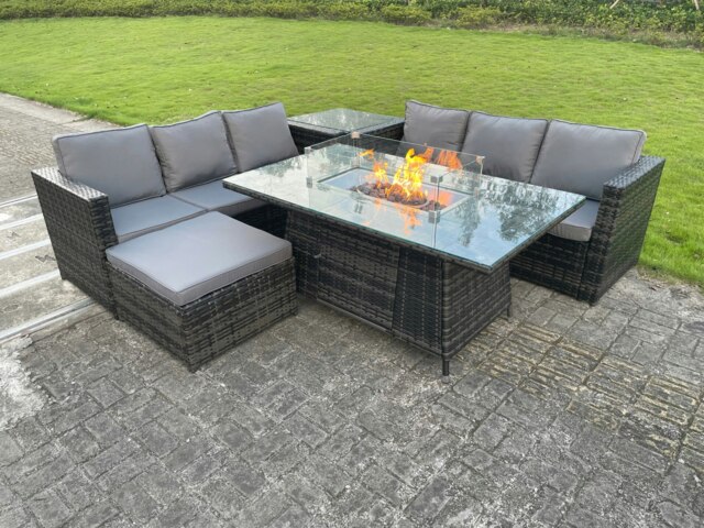 Rackhams Outdoor Rattan Garden Furniture Gas Fire Pit Dining Table Sets Gas Heater Lounge Big Footstool Dark Mixed Grey 7 Seater - image 1