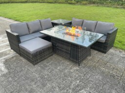 Rackhams Outdoor Rattan Garden Furniture Gas Fire Pit Dining Table Sets Gas Heater Lounge Big Footstool Dark Mixed Grey 7 Seater - thumbnail 1