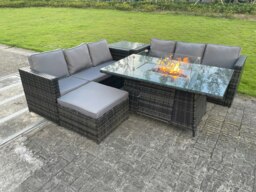 Rackhams Outdoor Rattan Garden Furniture Gas Fire Pit Dining Table Sets Gas Heater Lounge Big Footstool Dark Mixed Grey 7 Seater - thumbnail 3