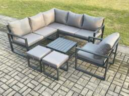 Rackhams Outdoor Garden Furniture Set Aluminium Lounge Sofa Square Coffee Table Sets with Chair 2 Small Footstools Indoor Conservatory Set Dark Grey - thumbnail 1