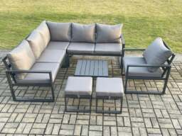 Rackhams Outdoor Garden Furniture Set Aluminium Lounge Sofa Square Coffee Table Sets with Chair 2 Small Footstools Indoor Conservatory Set Dark Grey - thumbnail 2