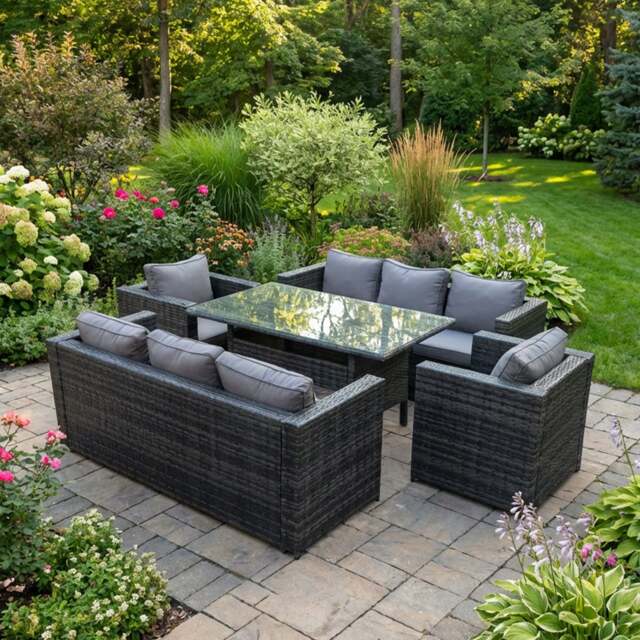 Rackhams 8 Seater Rattan Garden Furniture Set with 2 Sofas, 2 Armchairs and Dining Table - Dark Grey - image 1