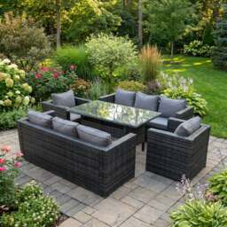 Rackhams 8 Seater Rattan Garden Furniture Set with 2 Sofas, 2 Armchairs and Dining Table - Dark Grey - thumbnail 1