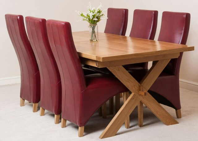 Rackhams Vermont Cross Leg Oak Extending Dining Table with Lola Leather Chairs - 6 chairs - Burgundy - image 1