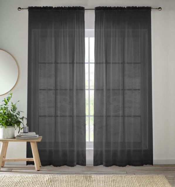 "Rackhams Plain Sheer Voile Panel Curtains Panel - Pair with Rod Pocket Header - Black - 55"" (140cm) Width x 54"" (137cm) Drop" - image 1