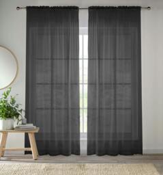 "Rackhams Plain Sheer Voile Panel Curtains Panel - Pair with Rod Pocket Header - Black - 55"" (140cm) Width x 54"" (137cm) Drop" - thumbnail 1