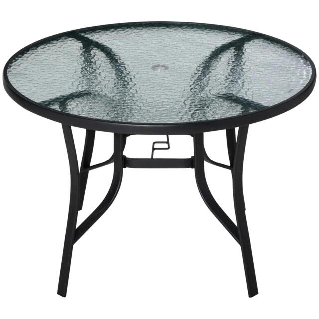 Rackhams 106cm Round Garden Dining Table with Parasol Hole Tempered Glass Top Steel Frame - image 1