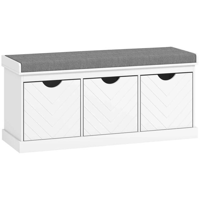 Rackhams 3-Drawer Padded Shoe Bench with Breathable & Washable Linen-look Cover, White