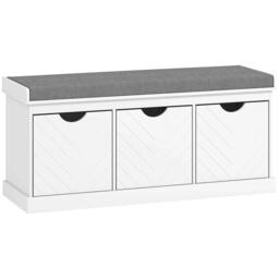 Rackhams 3-Drawer Padded Shoe Bench with Breathable & Washable Linen-look Cover, White - White