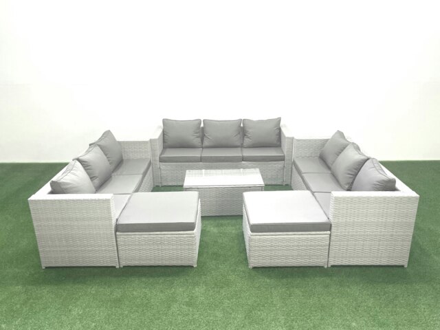 Rackhams Rattan Garden Outdoor Furniture Set 11 Seater Garden Sofa Coffee Table Set with 2 Big Footstools Light Grey Mixed - image 1