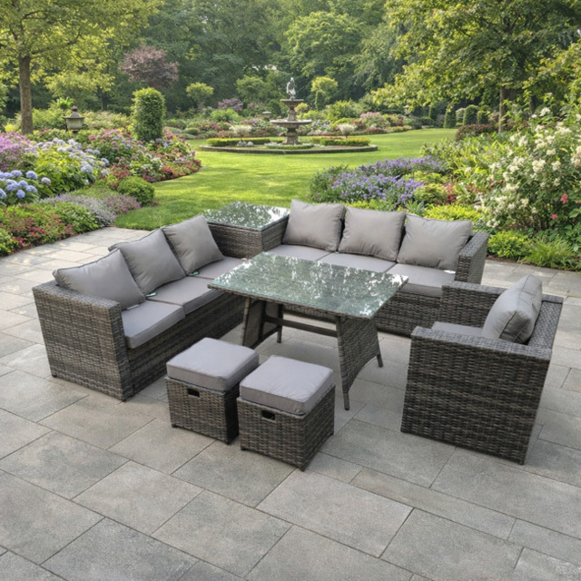 Rackhams 9 Seater Rattan Corner Sofa Set with 2 Sofas, Coffee Table, Side Table, Armchair & 2 Footstools - Dark Grey - image 1