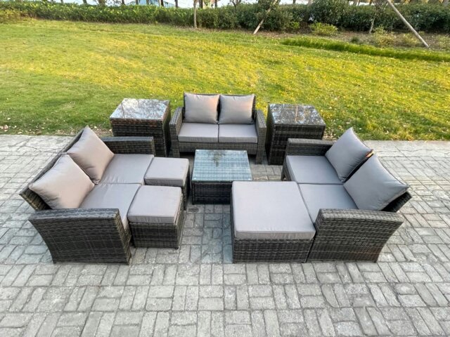 Rackhams Outdoor Lounge Sofa Set - Dark Grey Mixed PE Wicker Rattan Garden Furniture with Square Coffee Table & 3 Footstools - image 1