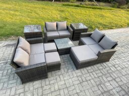 Rackhams Outdoor Lounge Sofa Set - Dark Grey Mixed PE Wicker Rattan Garden Furniture with Square Coffee Table & 3 Footstools - thumbnail 2