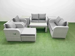 Rackhams 7 Seater Outdoor Reclining Chair Love Sofa Set Rattan Garden Furniture Set with Oblong Coffee Table Footstool 2 Side Tables Light Grey - thumbnail 1