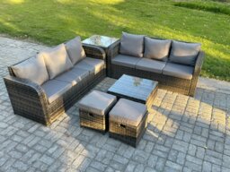 Rackhams Indoor Outdoor Rattan Garden Furniture 8 Seater Set Table Sofa Chair Patio Conservatory with Grey Cushions Side Table 2 Small Footstools