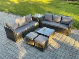 Rackhams Indoor Outdoor Rattan Garden Furniture 8 Seater Set Table Sofa Chair Patio Conservatory with Grey Cushions Side Table 2 Small Footstools - thumbnail 2