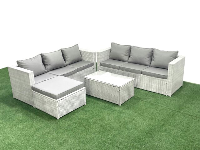 Rackhams Garden Outdoor PE Rattan Furniture Set 7 Seater Rattan Garden Sofa Set with Big Footstool Light Grey Mixed - image 1