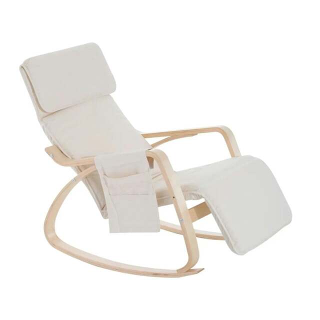Rackhams Rocking Lounge Chair Recliner Relaxation Lounging Relaxing Seat with Adjustable Footrest, Side Pocket and Pillow, Cream White - image 1