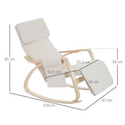 Rackhams Rocking Lounge Chair Recliner Relaxation Lounging Relaxing Seat with Adjustable Footrest, Side Pocket and Pillow, Cream White - thumbnail 3