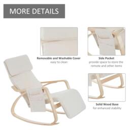 Rackhams Rocking Lounge Chair Recliner Relaxation Lounging Relaxing Seat with Adjustable Footrest, Side Pocket and Pillow, Cream White - thumbnail 6