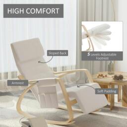 Rackhams Rocking Lounge Chair Recliner Relaxation Lounging Relaxing Seat with Adjustable Footrest, Side Pocket and Pillow, Cream White - thumbnail 5
