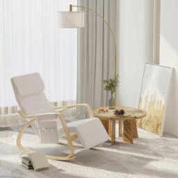 Rackhams Rocking Lounge Chair Recliner Relaxation Lounging Relaxing Seat with Adjustable Footrest, Side Pocket and Pillow, Cream White - thumbnail 2