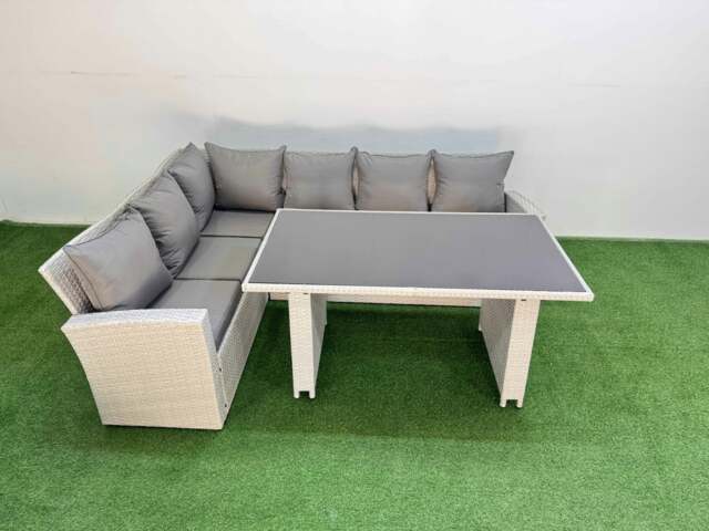Rackhams 6 Seater Wicker Rattan Corner Sofa Sets Outdoor Garden Furniture Sets with Rectangular Dining Table Lounge Sofa Light Grey - image 1