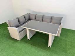 Rackhams 6 Seater Wicker Rattan Corner Sofa Sets Outdoor Garden Furniture Sets with Rectangular Dining Table Lounge Sofa Light Grey - thumbnail 2