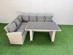 Rackhams 6 Seater Wicker Rattan Corner Sofa Sets Outdoor Garden Furniture Sets with Rectangular Dining Table Lounge Sofa Light Grey - thumbnail 1