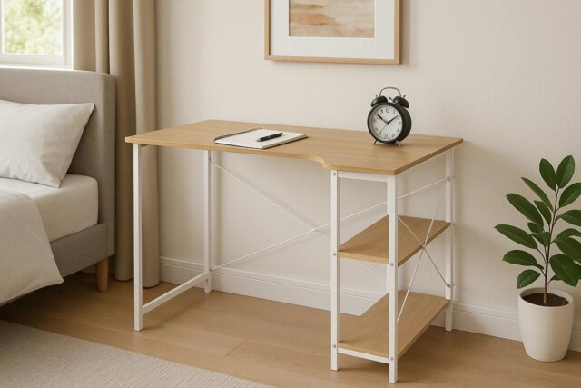 Rackhams L-Shaped Computer Desk – Light Oak & White Home Office Workstation with Storage Shelves - image 1