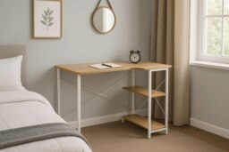 Rackhams L-Shaped Computer Desk – Light Oak & White Home Office Workstation with Storage Shelves - thumbnail 3