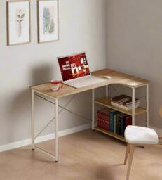 Rackhams L-Shaped Computer Desk – Light Oak & White Home Office Workstation with Storage Shelves - thumbnail 2
