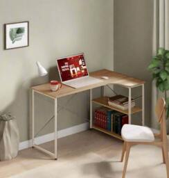 Rackhams L-Shaped Computer Desk – Light Oak & White Home Office Workstation with Storage Shelves - thumbnail 5