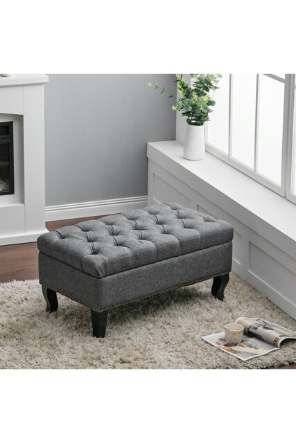 Rackhams Linen Button Tufted Footstool Bed End Bench with Nailhead Trim - Grey - image 1