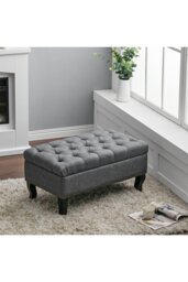 Rackhams Linen Button Tufted Footstool Bed End Bench with Nailhead Trim - Grey