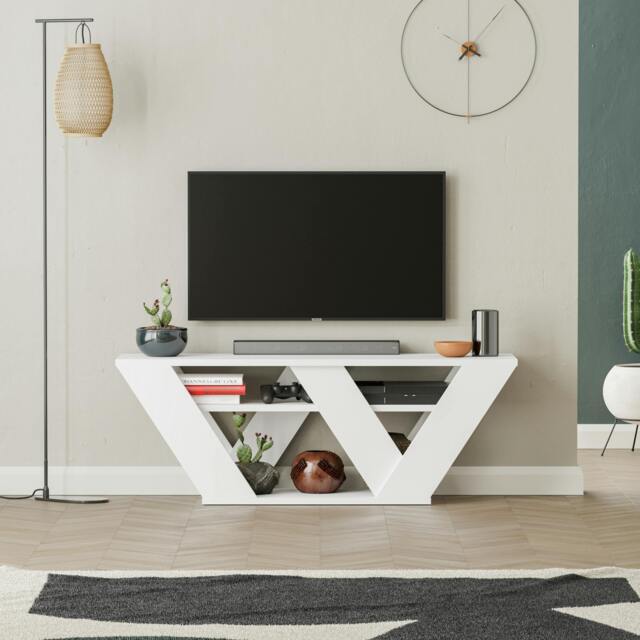 "Rackhams Pipralla Modern TV Stand Unit with Shelves for Up to 43"" TVs 110cm - White" - image 1