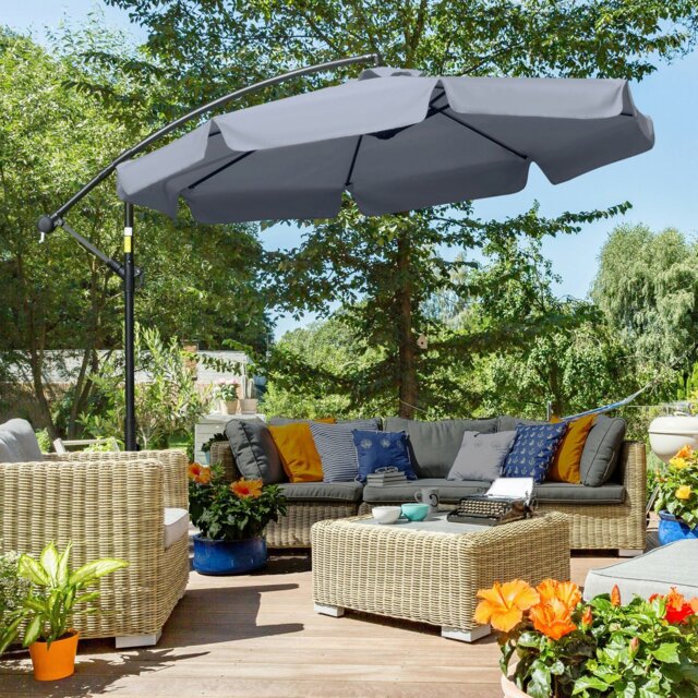 Rackhams 2.7m Garden Banana Parasol Cantilever Umbrella with Crank Handle and Cross Base for Outdoor, Hanging Sun Shade, Cream White - Dark Grey - 2.65m x3.15m x 2.65m - image 1