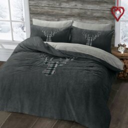Rackhams Stag Head Teddy Fluffy and Warm Fleece Duvet Cover Set - Charcoal - Double